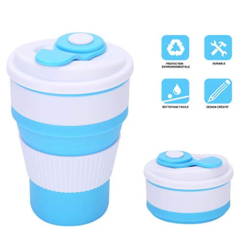 Yiiyaa Tasse Pliable, Tasse de Voyage, 400ML Silicone Alimentaire Pliable Tasse, Mug à café de Transport Portable pour Randonnée Camping Sports de Plein air, avec Couvercle (Bleu x1)