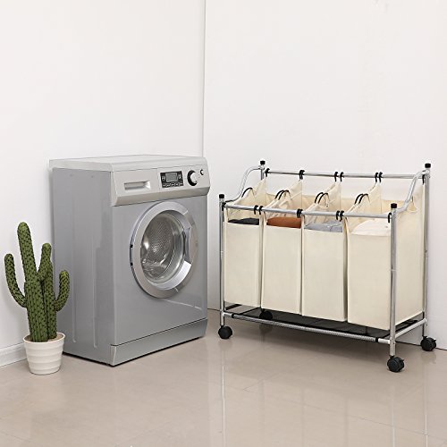 Songmics Wäschesortierer Wäschekorb Wäschewagen mit 4 × fächer beige LSF005S - 2