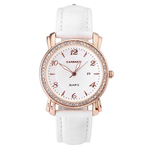 JSDDE Uhren,Elegant Armbanduhr mit Strass Kalenderuhr Klassisch Echtleder Band Damenuhr Analog Qaurzuhr,Cansnow0562 Weiss JSDDE Uhren,Elegant Armbanduhr mit Strass Kalenderuhr Klassisch Echtleder Band Damenuhr Analog Qaurzuhr,Cansnow0562 Weiss