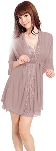 MWPT Female Lace Sexy Lingerie Bathrobes And Nightdress And G-string Set Of 3 (Grey)