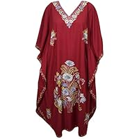 Mogul Interior Womens Kaftan Dress Maroon Cotton Embellished House Wear Caftan Gown 3XL