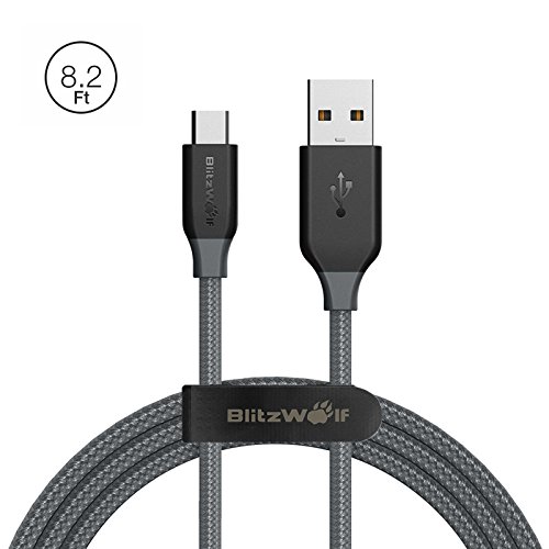 Micro USB Kabel, BlitzWolf 2.5m Nylon Datenkabel Micro USB Android Ladegerät mit Klettverschluss für Android, Samsung Galaxy S7 Edge / S6 / S5 / S4, Hinweis 5/4/3, HTC M9, Xperia Z3 Z2 , Moto X, LG, Sony, Nokia, Tablets, Power Bank (Schwarz & Grau)