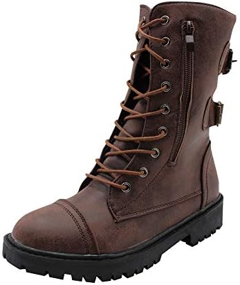uirend Shoes Women Boots - Ladies Military Martin Motor Riding Combat Belt Buckle Leather Lace-up Zipper Flat Biker Boot