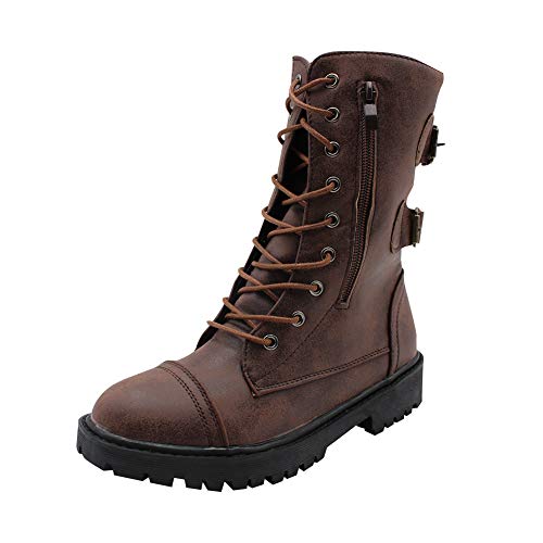 uirend Shoes Women Boots - Ladies Military Martin Motor Riding Combat Belt Buckle Leather Lace-up Zipper Flat Biker Boot