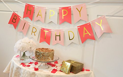 Pink & Weiß Dreifarbig Happy Birthday Geburtstags Banner mit goldenen Buchstaben – Geburtstag Dekoration – 18. 20. 30. 40. 50. - 2