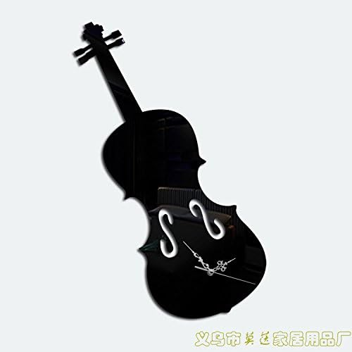 Creative DIY study room parlor guitar mirror decorative wall clock (without battery),Black