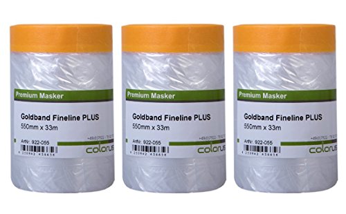 3 x Colorus Goldband Fineline PLUS 33m UV Masker Tape mit 55 cm Maler Abdeckfolie - Cover Quick Abdeckband