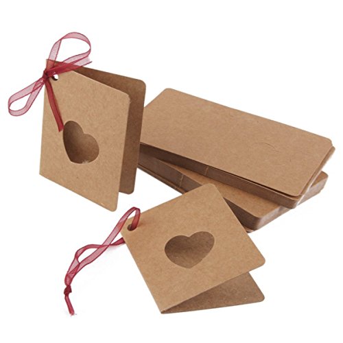 LUOEM Kraftpapier Hang Tag Karte Tag Mit Roten Seil Hohle Herz Lable für Hochzeit Geburtstag Deko Pack of 50 - 3