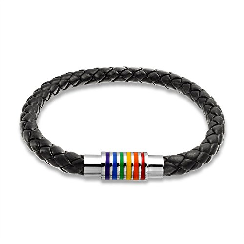 Bling Jewelry Arco Iris del Orgullo Gay LGBT Cuero Trenzado Negro Brazalete Brazalete Tejidas Hombre Y Mujer Cierre Magnético Acero