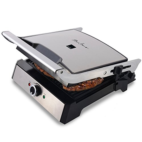 Dalkyo MB-35 - Parrilla Eléctrica, Panini grill, Plancha Sandwichera de 2000W, Gran superficie de 29x23cm, Placas antiadherente, 180º abierto, Toque frio, Cuerpo Acero Inoxidable, Color Plata