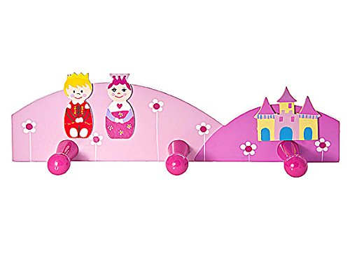 Children's Pink Wooden Triple Coat Hooks Wall Hooks with Prince & Princess Design ideal for Girls Nursery or Bedroom