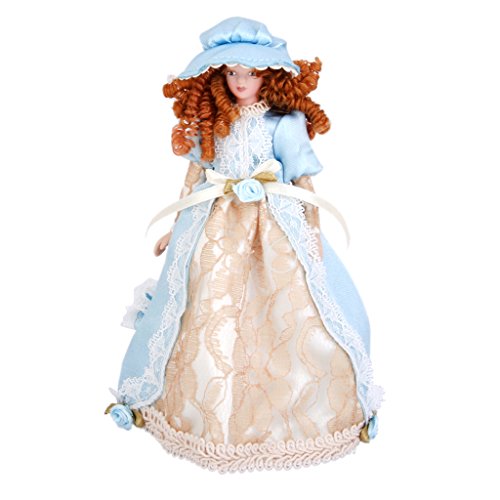 1:12 Puppenhaus Miniatur Victorian Dame Puppen Blau Kleid mit Hut - 7