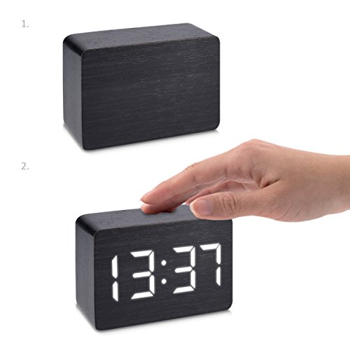 kwmobile Wecker Digital Uhr aus Holz klein mit Geräuschaktivierung, Temperaturanzeige und Tastaktivierung in schwarz mit weißen LEDs - 2