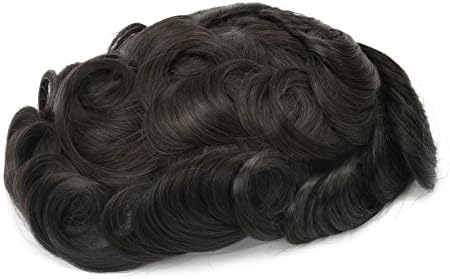 Multi-Color Human Hair Swiss Lace Mens Hair Piece Toupee Replacement System Slight Wave (Color 1B)