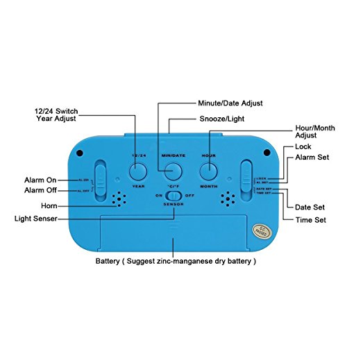 Bosdontek Smart LED-Digital-Wecker Snooze 5 Minuten, bald aufhören Alarmknöpfe, mit Datum, Temperatur-Sensor-Licht (blau) - 4