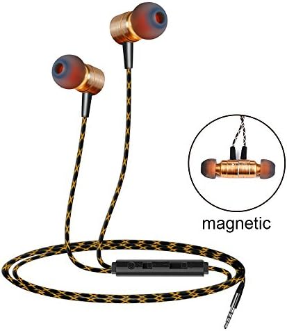 Vobon Wired Earphones, Sports Headphones with Microphone &amp;Remote Control, Stereo Metal Magnetic In-ear Heavy Deep Bass Earbuds 3.5mm Jack for Mobile Phone iPhone iPod Samsung Mp3 Player (Gold)