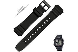 Lineon Soft Silicone Resin Watch Strap (Black) Compatible With CASIO Roayle AE-1200WH AE 1200 WH with Tools and Pins (Include)