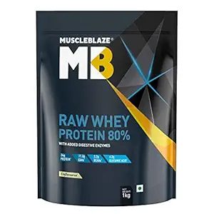 MuscleBlaze Raw Whey Protein Concentrate 80% with Added Digestive Enzymes, Labdoor USA Certified (Unflavoured, 1 kg / 2.2 lb, 33 Servings)