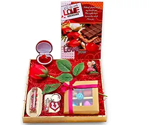 Valentines Day gift for girlfriend/boy friend/Valentines Day gift hamper/Valentine Gift-cute chocolate box+articial rose+small couple statue+Love Message bottle+key chain+Ring with box+valentines card