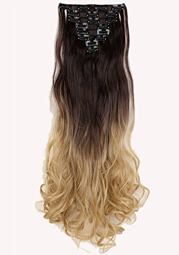 24/26 inches(61/66cm) Long Straight Curly Wavy 8 Piece Full Head 18Clips Womens Ladies Girls Clip in Hair Extensions (24 inches, Dark Brown to Ash Blonde)