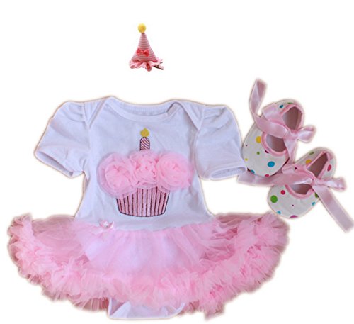 TANZKY® Baby Girls' 3Pcs First Birthday Outfit Pink Ruffle Tutu Dress Hat Shoes (6~12months)