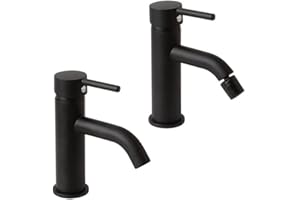 Kiamami Valentina - Coppia Rubinetti Lavabo e Bidet | Finitura Nero Opaco | Miscelatori in Ottone | Certificazione ACS | Cartuccia 35mm | Flessibile 35cm, Nero Opaco