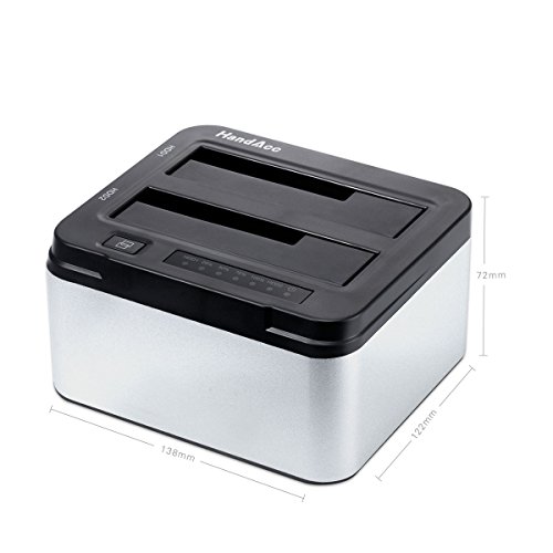 HandAcc USB 3.0 Offline Klon Docking Station mit 2 Einschüben, optimiert für HDD / SSD Festplatte, 2,5″ und 3,5″, 2,5 und 3,5 Zoll (SATA I / II / III), inklusive USB 3.0 Kabel und 12V 4A Netzteil, unterstätzt 2x 6TB - 4