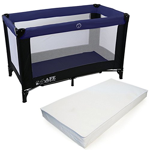 iSafe Rest & Play Luxury Travel Cot/Playpen - Navy (Black/Navy) 120 cm x 60 cm Complete With Mattress