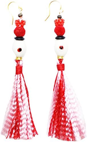 VickiSarge with Oaybidah Single Tassel Red and Pink Multi-Beaded Tops Including White Oval Spot Bead and Gold Earrings