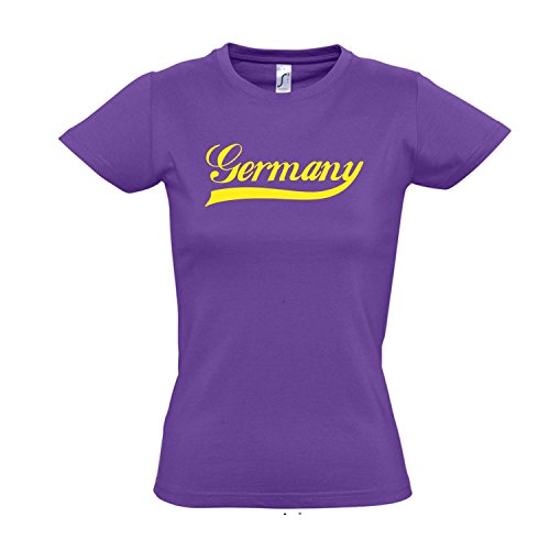 Damen T-Shirt – Deutschland Oldschool Germany LÄNDERSHIRT EM / WM FAN Trikot S-XXL , Light purple – gelb , XXL