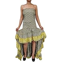 Mogul Interior Womens Hi Low Dress Recycled Silk Feminine Touch Ruffle Tiered Design Flowy Strapless Sundress Grey, Green