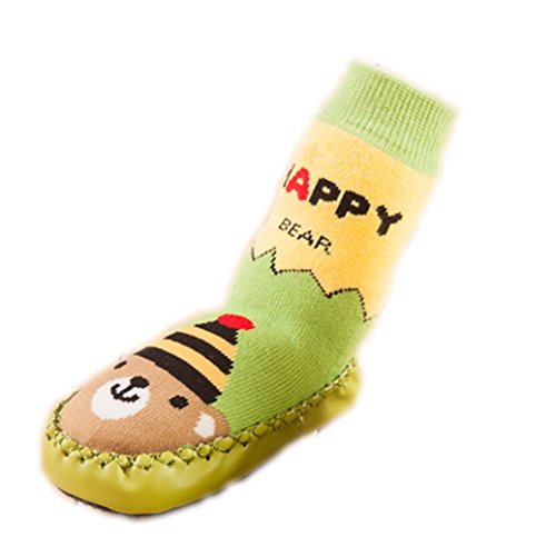 Moolecole Baby Toddlers Kids Indoor Slippers Shoes Socks Moccasins NON SKID Green Cap Bear Floor Socks 0-6, 6-12, 12-18 & 18-24 Months