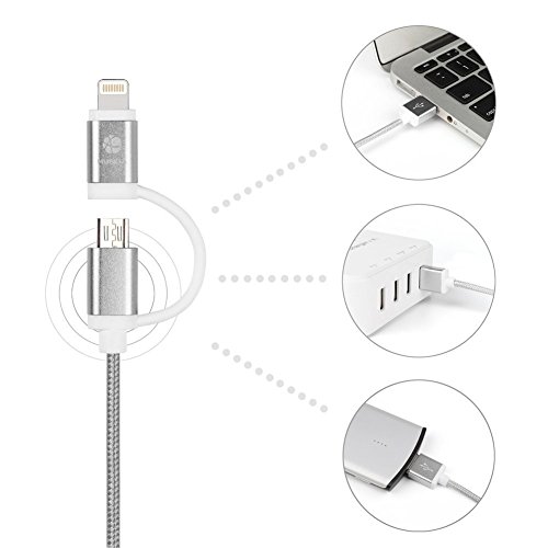 2 in 1 Ladekabel USB Lightning, HUNDA 1M Nylon umflochtenes Lightning Ladekabel [Apple MFi zertifiziert] für iPhone 7/7 Plus SE 6S/6S Plus 6/6 Plus, 5S/5C/5 , iPad Air 2, iPad Mini 3 (Grau) - 3