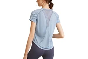 Jlowesun Women's Gym Shirts, Short Sleeve Lightweight Moisture Wicking Quick Dry Back Mesh Loose Fit Sports Tops for Ladies