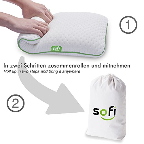 sofi Reisekissen Aloe Vera | Orthopädisches & ergonomisches Nackenstützkissen | Hautpflegend | Kissen aus viscoelastischem Gelschaum | Reise Nackenkissen für Flugzeug, Auto, Zug | 40x24x10 cm - 7
