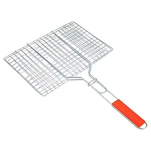 Japva Mart Stainless Steel BBQ Square Charcoal Grill with Plastic Handle for for Vegetables, Camping Outdoor Fish Grill Net & Meat Grilling Cooking Tool Outdoor Kitchen Tool (Silver)