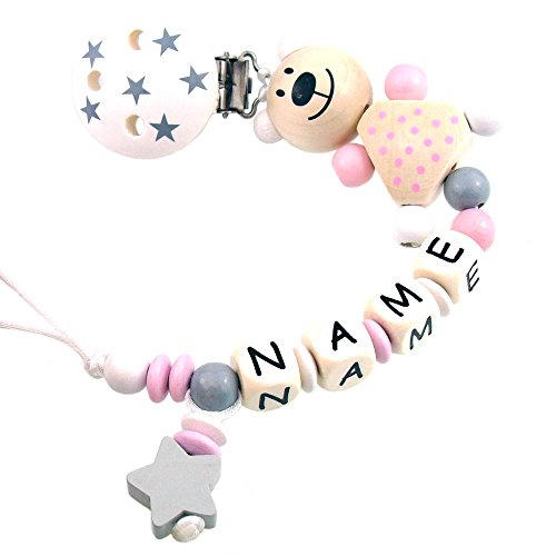 PREMIUM Schnullerkette mit Namen HOLZ Modell Teddybär Sterne grau rosa