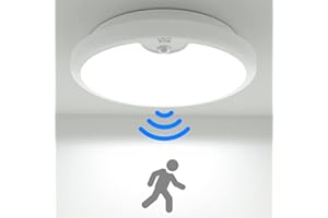 Peasur Motion Sensor LED Ceiling Light Battery Operated, 6000K 300LM Battery Wall Lights Indoor, Ø18cm White Bath Ceiling Lights, Wireless Light for Loft,Garage,Shed,Porch,Attic