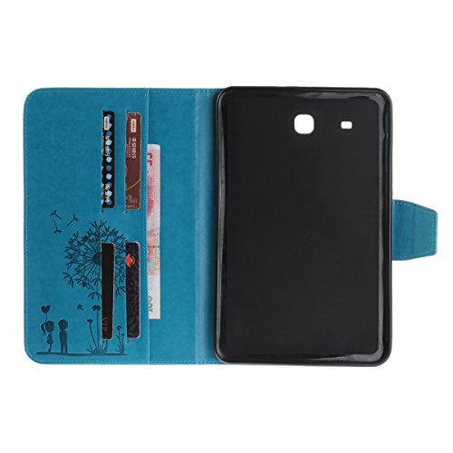 Etsue Hülle Case Tasche für Samsung Galaxy Tab E 9.6 SM-T560 Ledertasche Hülle, Löwenzahn Blume Liebe Paar Prägung Muser für Samsung Galaxy Tab E 9.6 SM-T560 Ultra Slim PU Leder hüllen Smart Cover Flip Case Wallet Cover Schutz Hülle Etui Schale Weich TPU Innere Magnetverschluss und Standfunktion Kartenfächer für Samsung Galaxy Tab E 9.6 SM-T560 + 1x Glitzer Staub Stecker + 1x Blau Eingabestift-Blau - 3