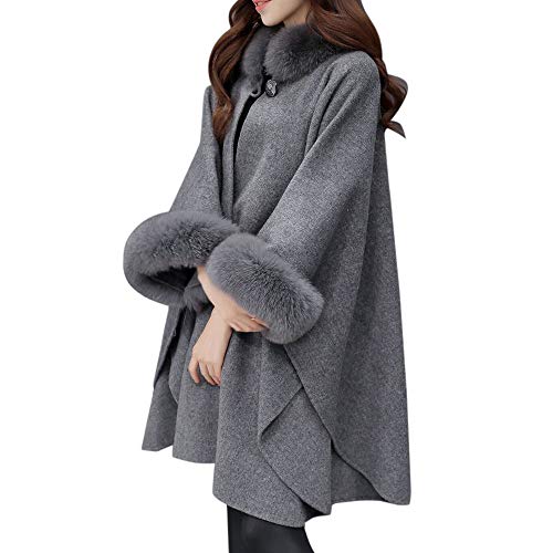 ZEZKT Poncho et Cape Femme Châle Mode Manteau en Laine Blousons Collier de Fourrure Gilets Longues Ourlet Outwear Élégant Long Cardigan Chaud Veste de Soiree Doudoune