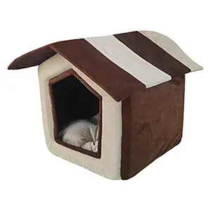 Hiputee Foldable Velvet Fabric Dual Color House/Hut for Dogs & Cats Length 41 cm Width 44 cm Height 45 cm (S, Brown-Cream)