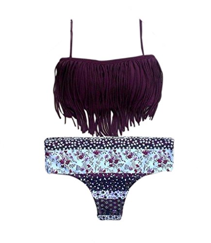 OYMMENEY Sexy Strand Damen Bandeau Bikini Push Up mit Quaste Set Badeanzug Bademode Tops und Bottoms - 2