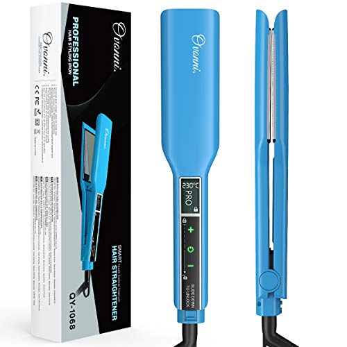 Ovonni Plancha de Pelo Profesional Titanio Inteligente Pantalla LCD Placa Ancha 4.5 cm, 18 Temperatura Ajustable 50 ? -230 ?, Doble Voltaje para Viajar - Azul Cielo