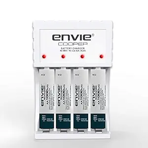ENVIE (ECR 20 MC+4xAA1000) Standard Charger ECR 20 MC for AA & AAA Ni-mh/Ni-Cd Rechargeable Batteries | LED Indicator | 600MA Output Current | with 4xAA1000 Rechargeable Batteries
