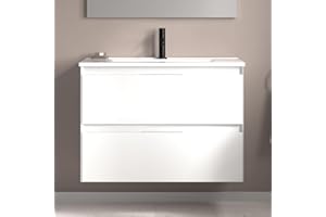 AMIZUVA - Conjunto de Mueble de Baño Suspendido Serie Talia, Incluye Lavabo Cerámico y Tirador Metálico, Acabado en Roble Blanco Brillo - Dimensiones 80x56,5x45 cm