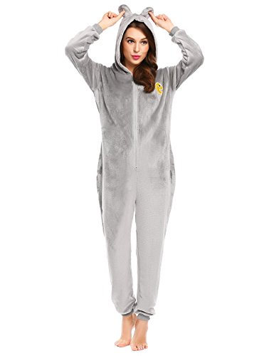 Preisvergleich Produktbild Caeasar Damen Fleece Jumpsuit Nachtwäsche Strampelanzüge Flauschig und Weich Pyjamas Bademantel