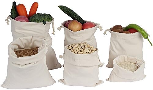 ATBAY Cotton Muslin Produce Bag Set of 6 (2 Large, 2 Medium, 2 Small) Drawstring Storage Canvas Grocery Bags for Vegetable/Beans(2 each of Lg, Med. & Sm.)