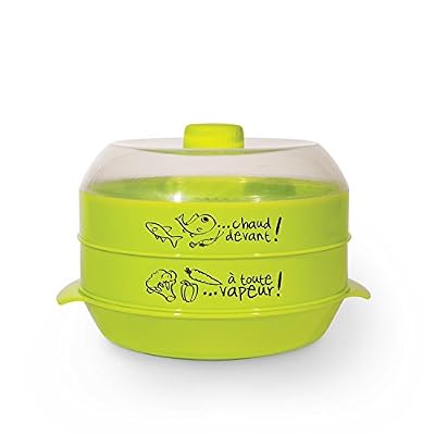 Cuisy Cuit Vapeur 2 Etages 2,4 L ★ Kit Cuisson Vapeur pour four à micro-ondes - Plastique 24,5 x 21 x 13,5 cm - Cuiseur à Légumes, Fruits, Poissons, Viandes … - Coloris Aléatoire : Gris, Rouge ou Vert - Passe au Lave Vaisselle - Idéal Etudiant /…