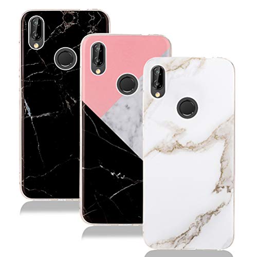 3X Funda Huawei P20 Lite, XiaoMi Funda de Silicona Suave Case Cover Cáscara Ligero [Anti-Rasguño] [ Anti-Golpes] - Funda Mármol para Huawei P20 Lite - [ Negro + Blanco + Rosa ]