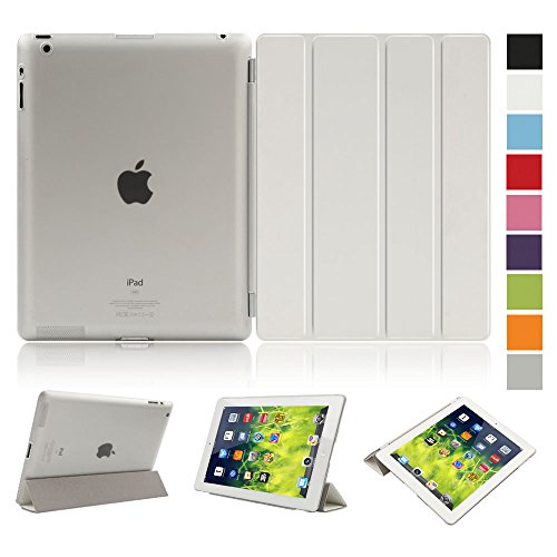 Besmall Neu Ultra Slim Edles iPad 2 3 4 Hülle - Smart Cover Leder Case Schutz Hülle Tasche + Back Case - inkl. Displayschutzfolie Reinigungstuch Stift mit Multi Ständer Auto Sleep Wake (iPad 2/3/4, Farbe:Weiß)